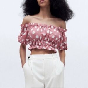 Zara Smocked Polka Dot linen Crop Top Off Shoulder Or On Size Small